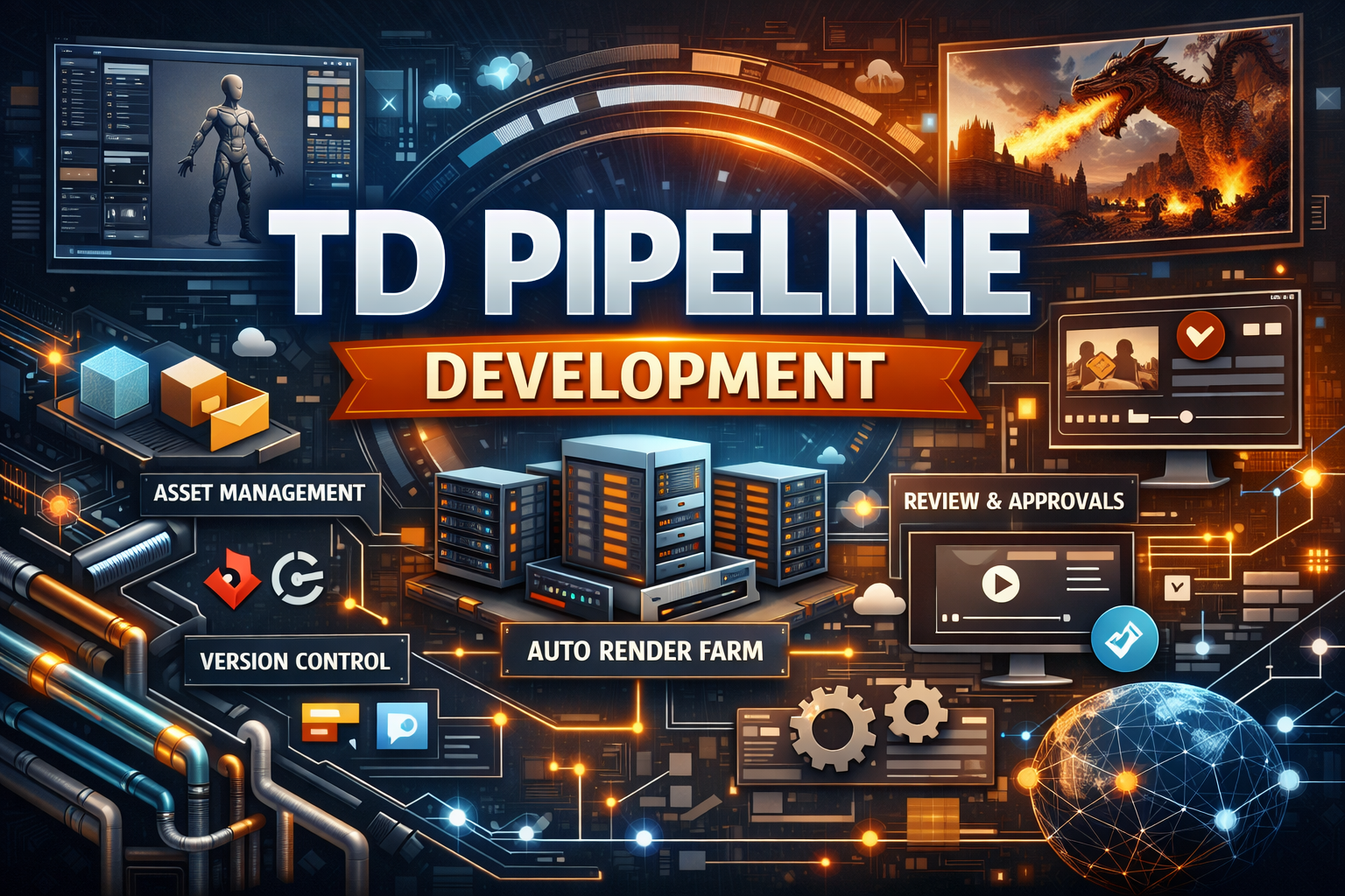Illustration of TD pipeline development showing connected modules like asset management, version control, auto render farm, and review approvals in a digital workflow environment.