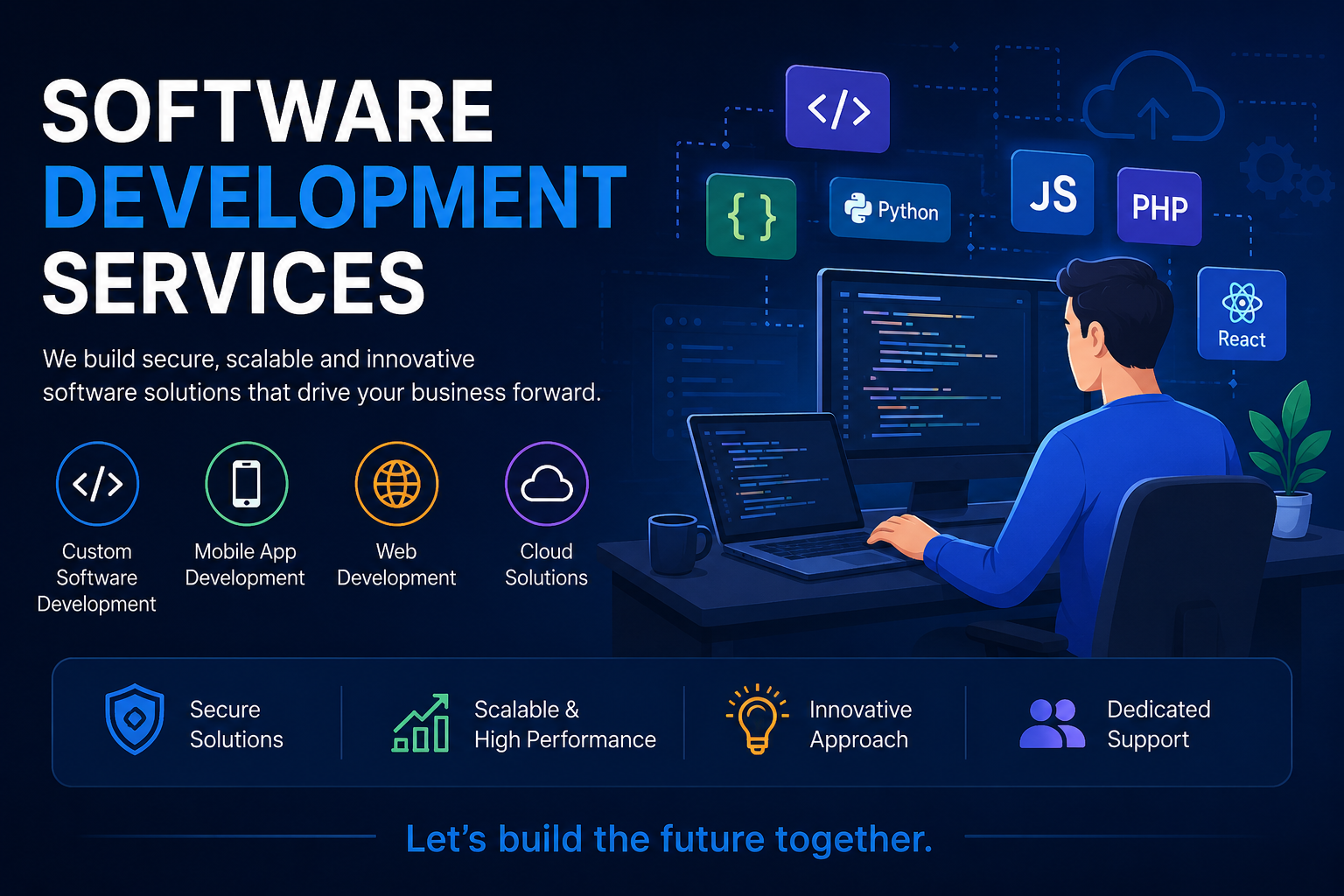 Illustration of a software developer working on coding projects with icons representing custom software development, mobile app development, web development, cloud solutions, and modern programming technologies.