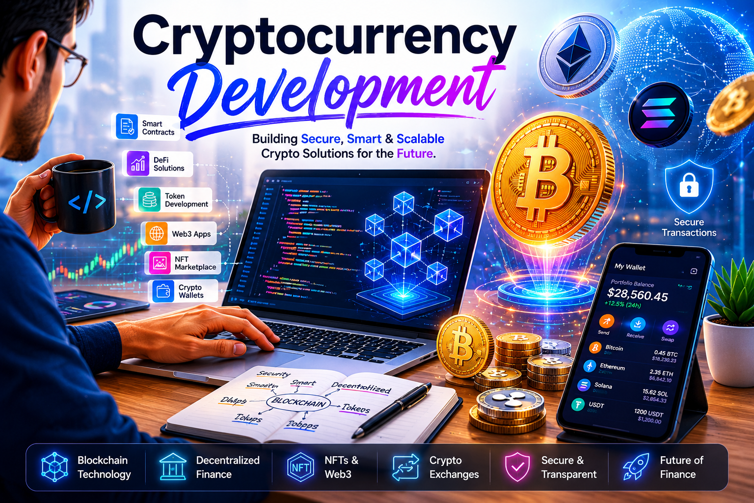 Developer working on cryptocurrency development with blockchain technology, smart contracts, crypto wallet applications, Bitcoin, Ethereum, and Web3 solutions displayed on digital screens.