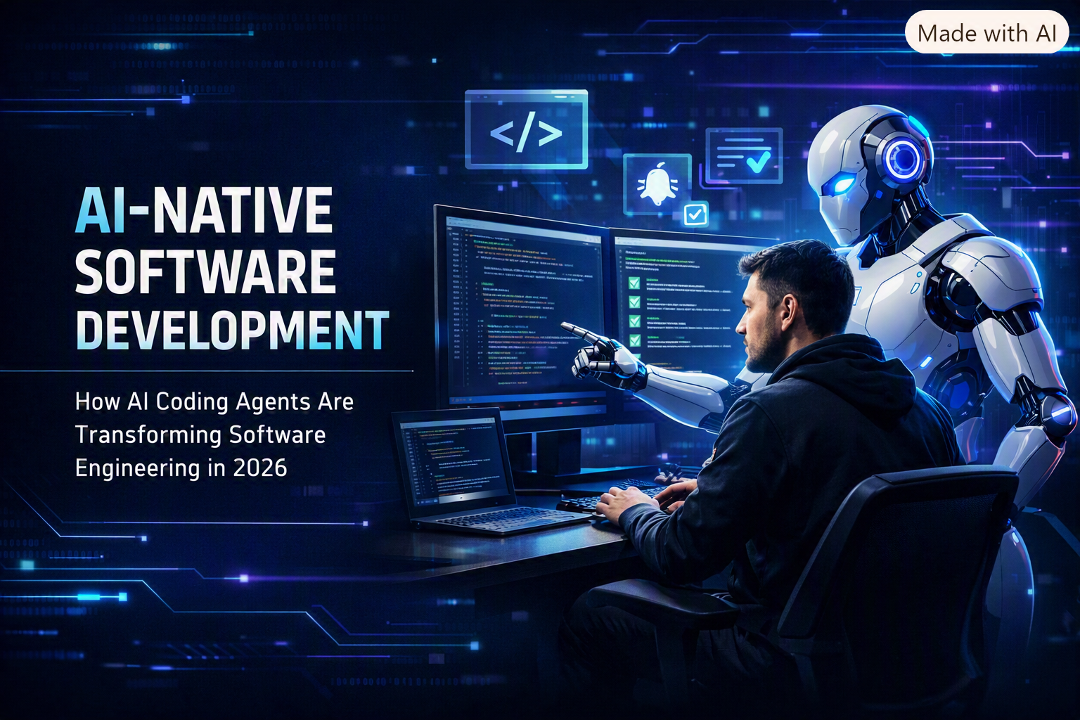 Professional software developer working on multiple monitors with an AI coding agent assisting in coding, testing, debugging, and code review. Futuristic dark navy environment with electric blue and purple highlights, split layout showing text ‘AI‑Native Software Development: How AI Coding Agents Are Transforming Software Engineering in 2026.