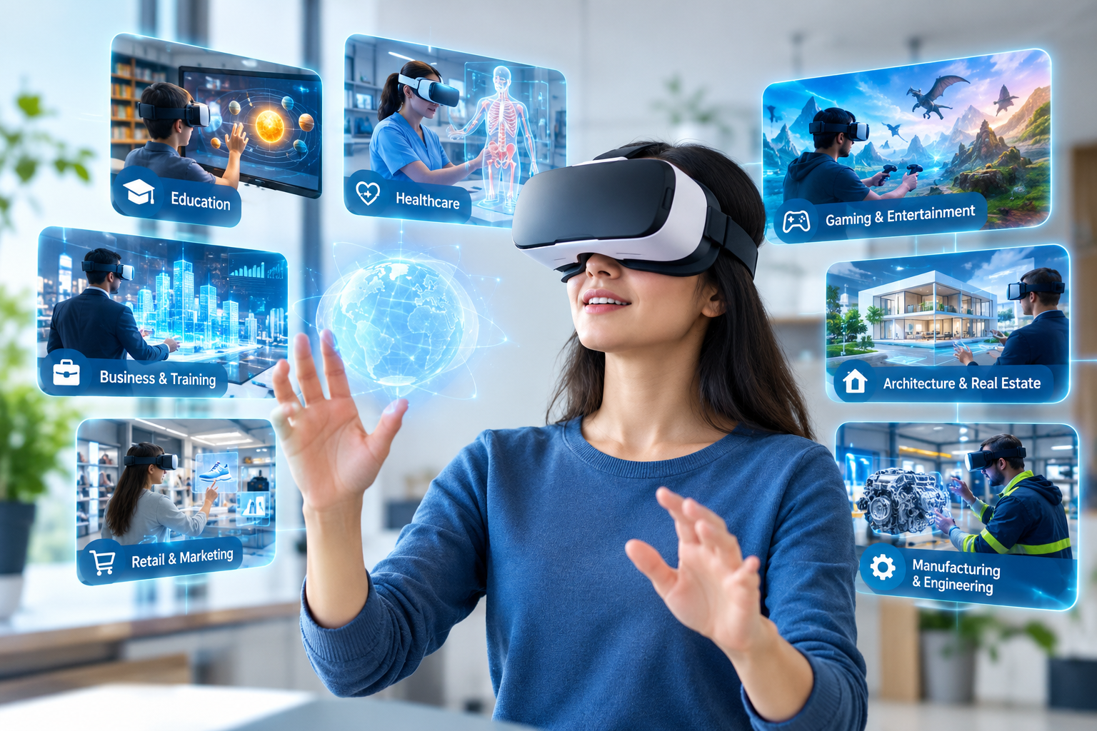 Virtual reality technology transforming education, healthcare, gaming, and business through immersive digital experiences.