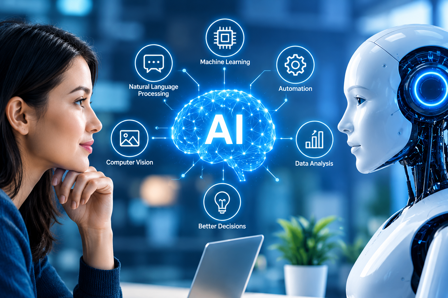 Artificial Intelligence connecting human intelligence with robotics, machine learning, and data analysis.